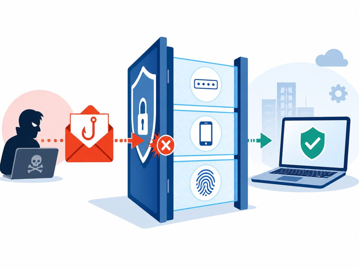MFA blocking phishing attack: flat vector of multi factor authentication stopping cyber attacker.