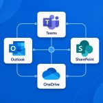 Microsoft 365 business apps: flat vector of Teams, Outlook, SharePoint and OneDrive app suite.