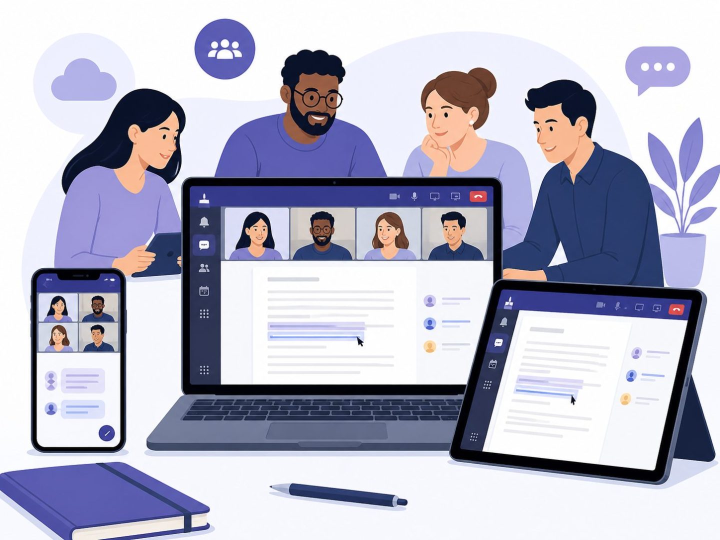 Microsoft 365 team collaboration: flat vector of staff using Teams across laptop, phone, and tablet.