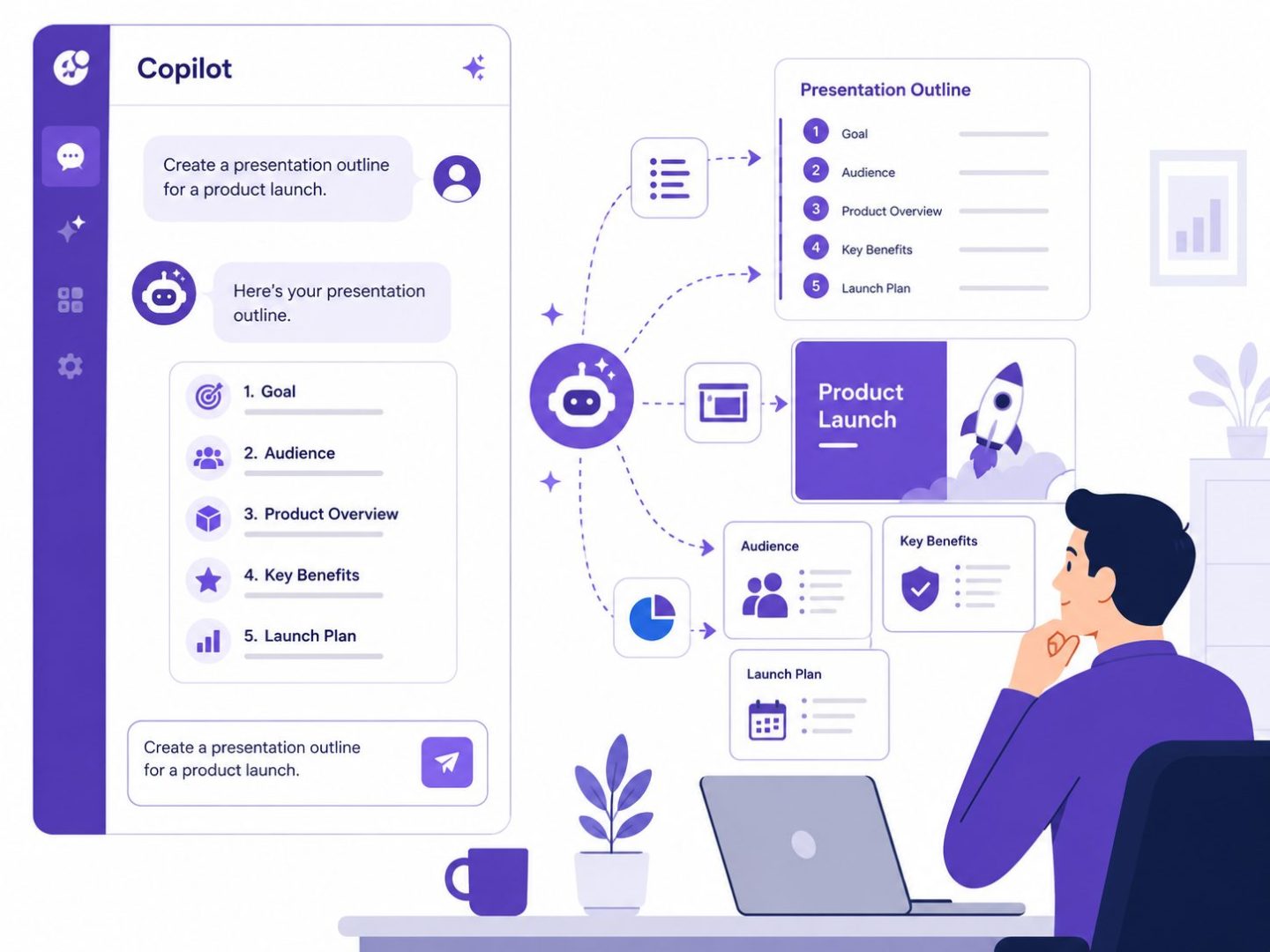 Microsoft Copilot presentation creation: flat vector of AI generating slide outline from business prompt.