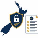 NZ Privacy Act compliance: flat vector of New Zealand map with data protection shield and compliance checklist.