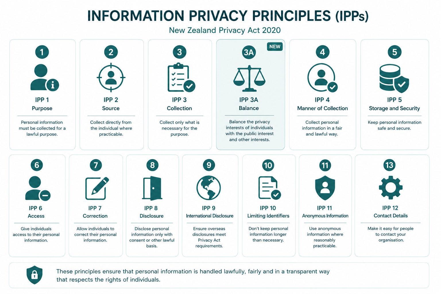 NZ Privacy Act compliance: flat vector icon grid of the Information Privacy Principles including new IPP 3A