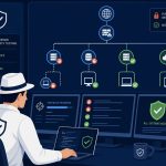 Penetration testing for business: flat vector of ethical hacker identifying and fixing network vulnerabilities.