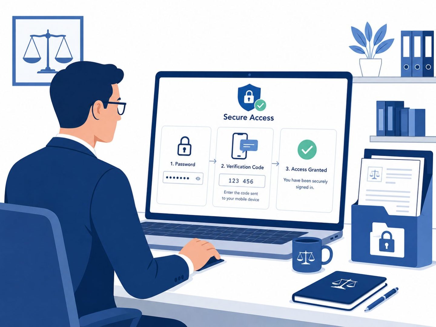 Professional services IT security: flat vector of lawyer or finance professional using secure document system with MFA.