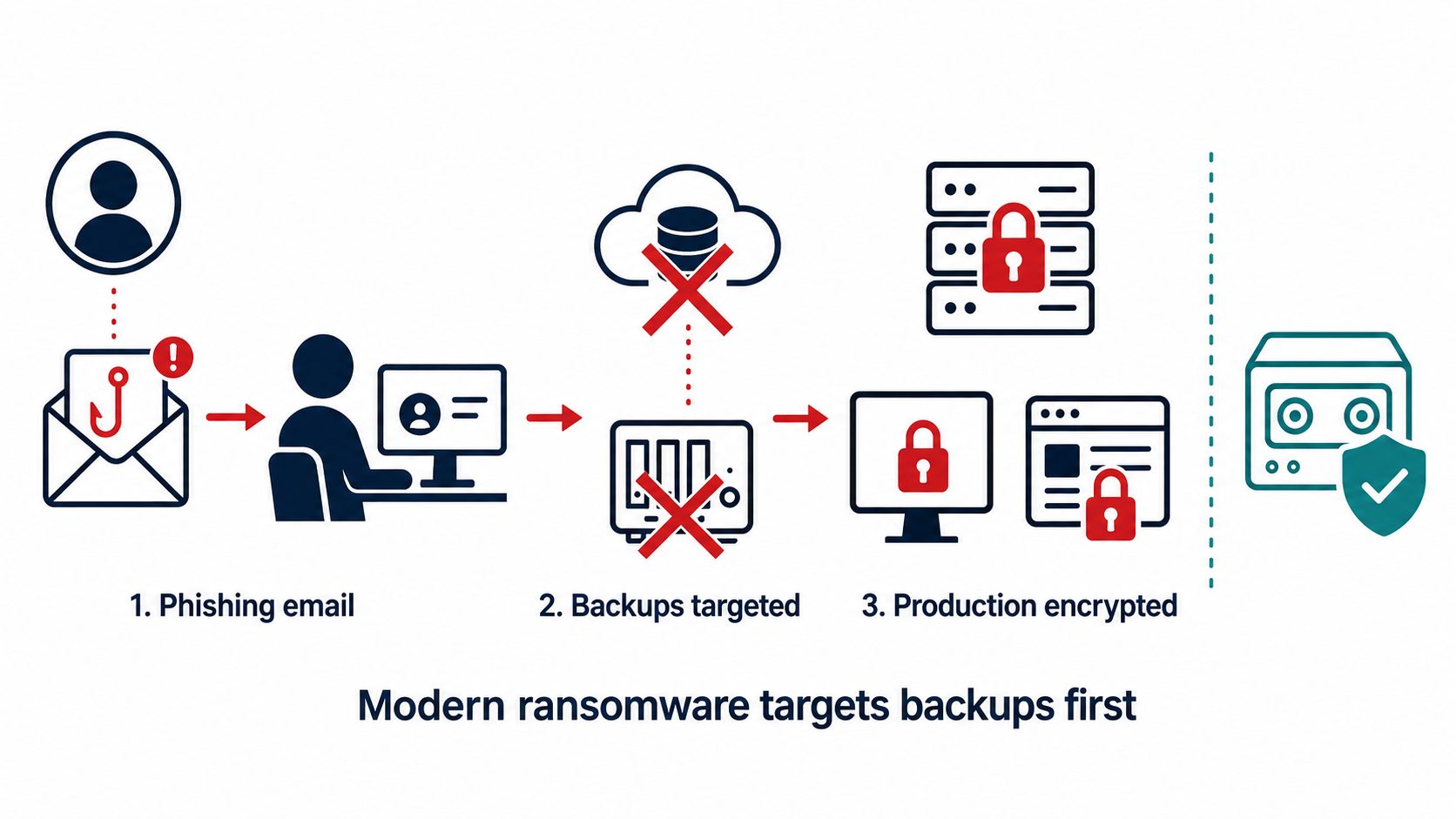 Ransomware targeting backups before BCDR -- flat vector showing three-stage attack sequence destroying accessible backups before encrypting production systems