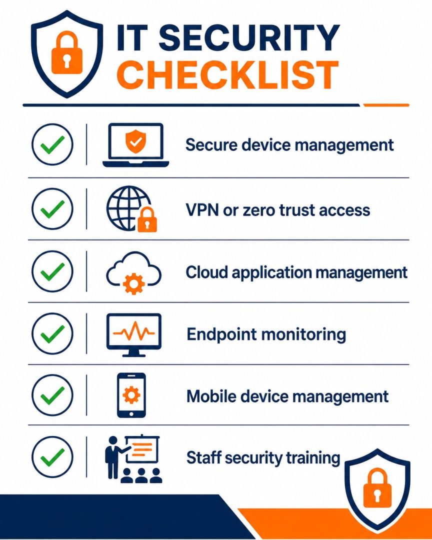 Remote work IT checklist -- flat vector showing six essential IT requirements for secure remote and hybrid working