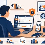 Remote work IT setup -- flat vector of business professional working securely from home with VPN and any-device access
