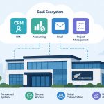 SaaS solutions for business -- flat vector of cloud-connected app tiles for CRM, accounting, and project management