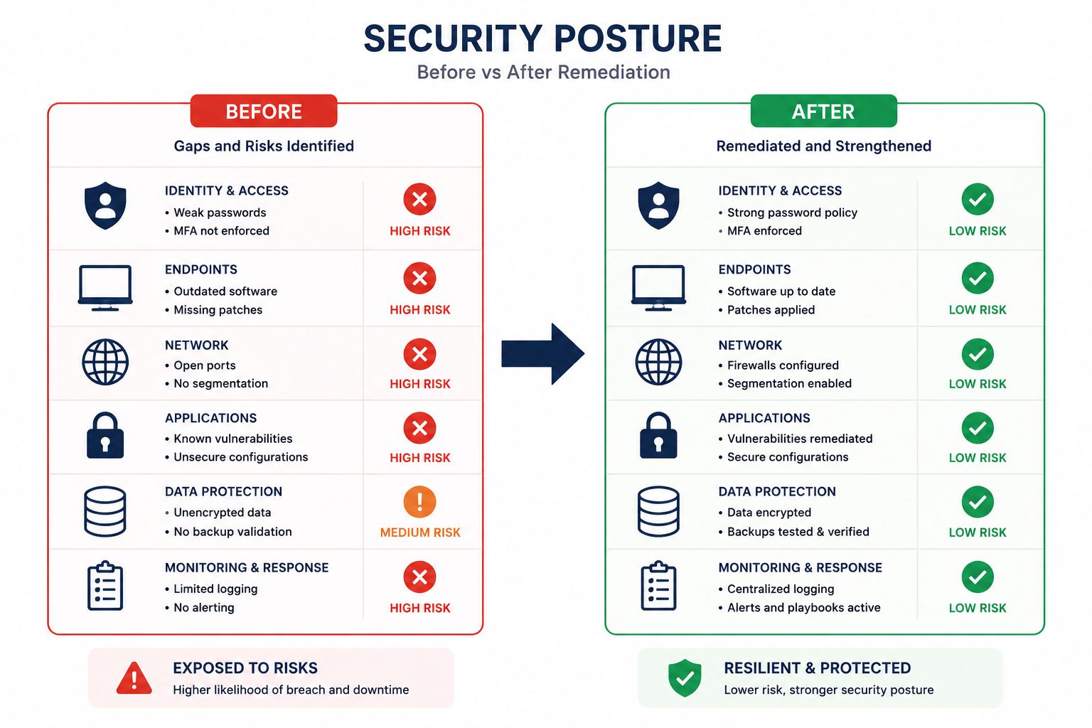 Security audit before and after: flat vector comparing business security gaps and remediated IT posture.