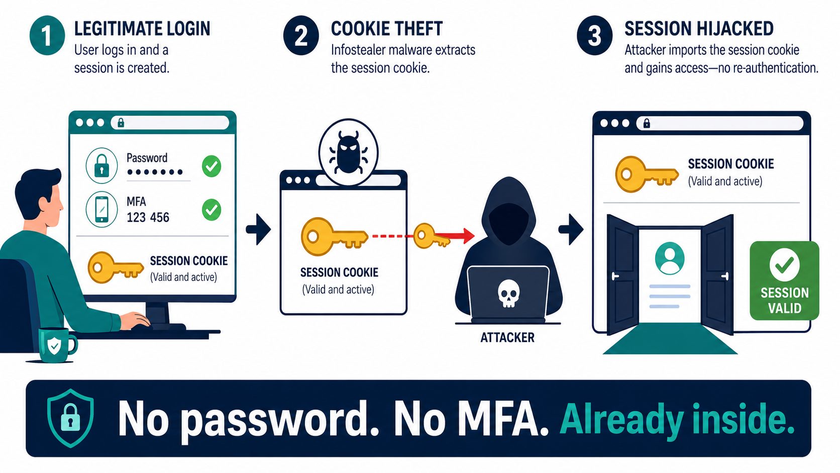 Session cookie hijacking bypassing MFA -- flat vector three stages showing infostealer extracting session token and attacker accessing account without password or multi-factor authentication