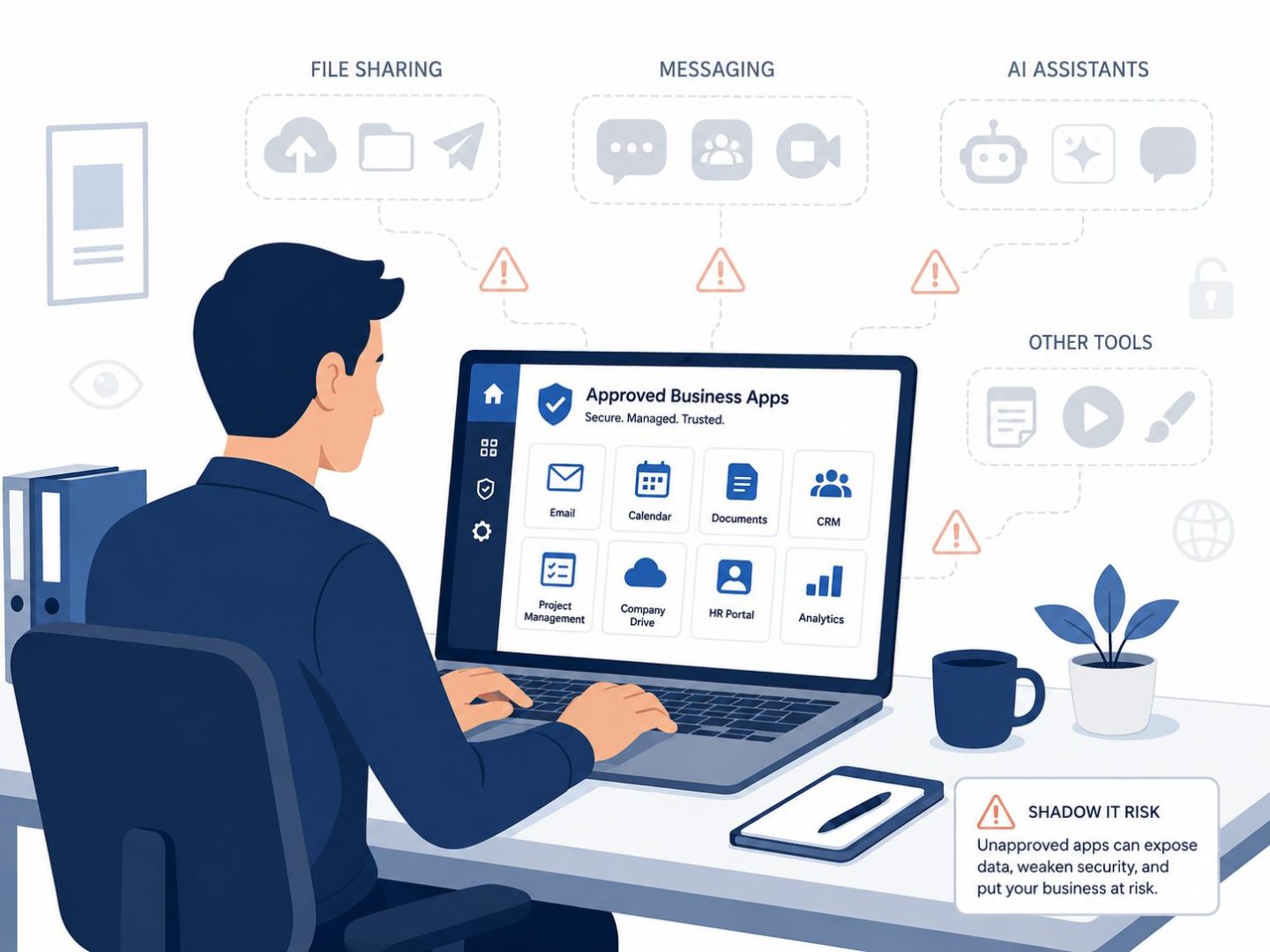 Shadow IT risk NZ -- flat vector of unapproved apps used by staff without IT visibility