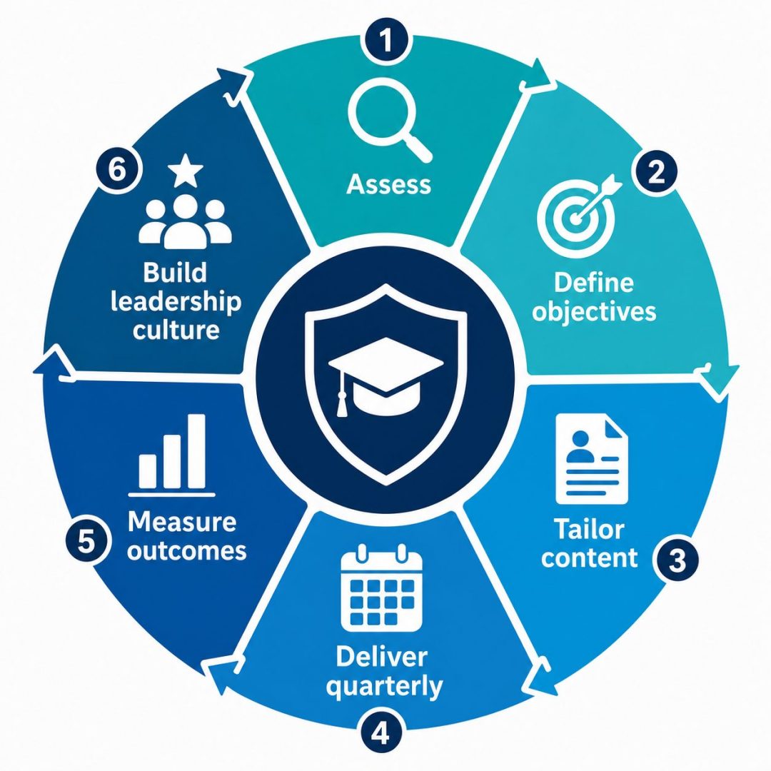 Six-step cybersecurity training for employees cycle -- flat vector diagram showing assess, define, tailor, deliver, measure, and culture building as continuous programme