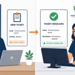 Technical support services -- flat vector of business professional with helpdesk showing ticket logged and resolved