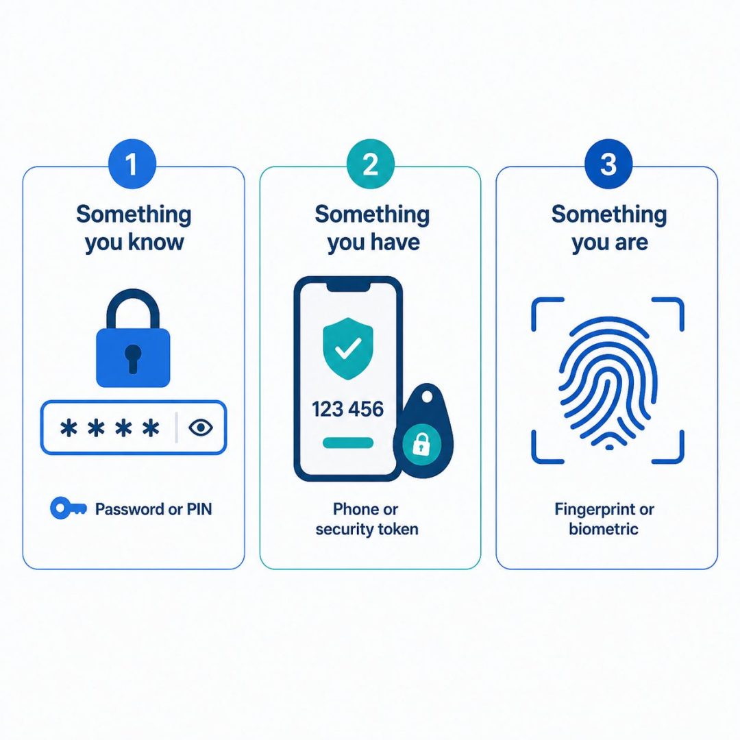 Three factors of multi factor authentication: flat vector showing knowledge, possession, and biometric security.