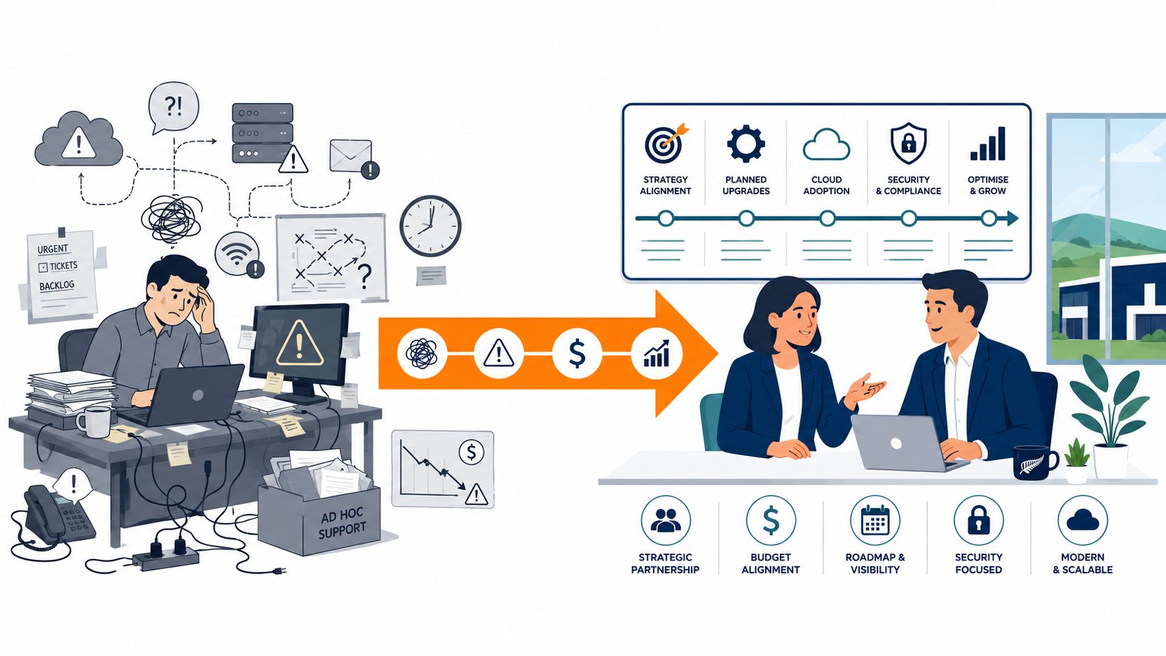 vCIO before and after -- flat vector timeline showing reactive IT transformed by virtual CIO strategy
