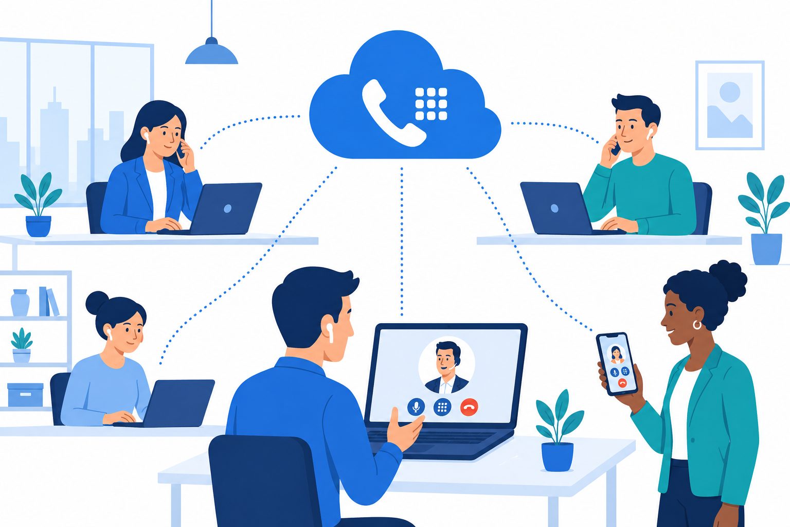 VoIP for business: flat vector of office staff using softphones and mobile apps through cloud phone system.