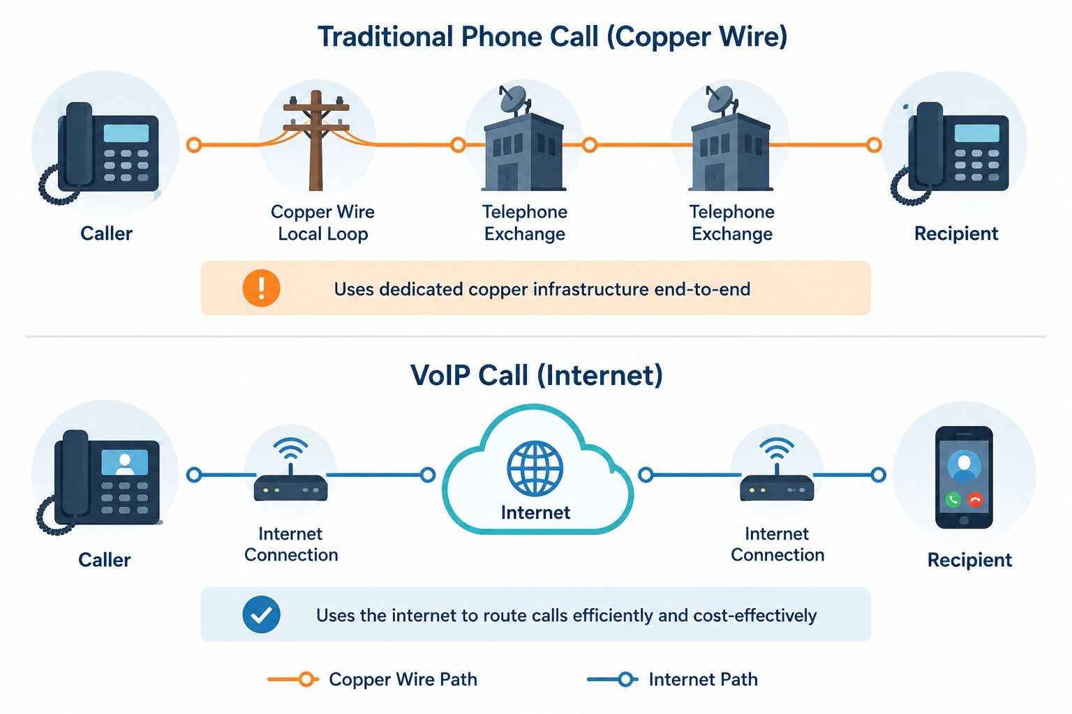 VoIP vs traditional phone call: flat vector comparing copper wire and internet-based voice calling.