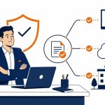 Backup and recovery plan -- flat vector of a NZ business owner with data safely backed up across three locations