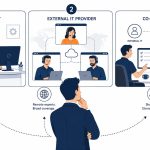 Business IT support models: flat vector comparing in-house, outsourced, and co-managed IT support options.