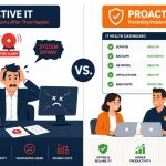 Proactive IT support reactive vs proactive -- flat vector contrasting firefighting IT with smooth proactive managed support