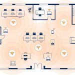 Business WiFi: flat vector of an office floorplan with full wireless coverage from multiple access points.