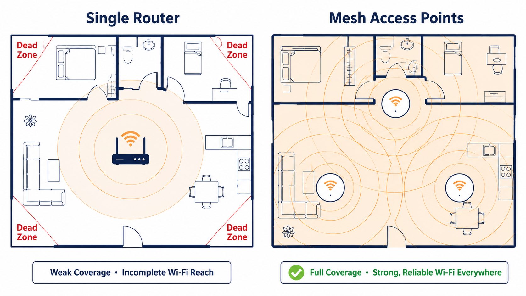 Business WiFi coverage comparison: flat vector showing single router dead zones versus full mesh access point coverage.