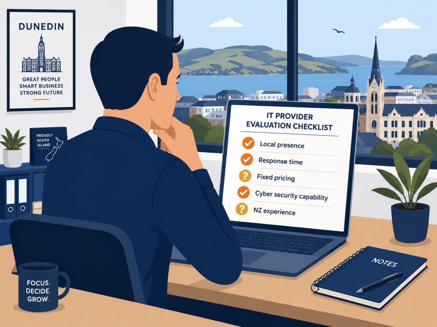 Choosing IT companies Dunedin -- flat vector of business owner reviewing IT provider evaluation criteria checklist