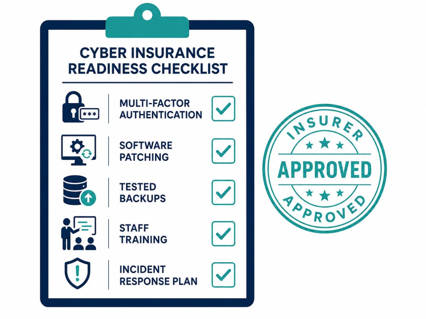 Cyber insurance requirements -- flat vector checklist of security controls NZ insurers look for before approving cover.