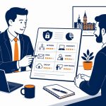 Cyber security assessment – flat vector of IT consultant and business owner reviewing assessment report covering six security areas