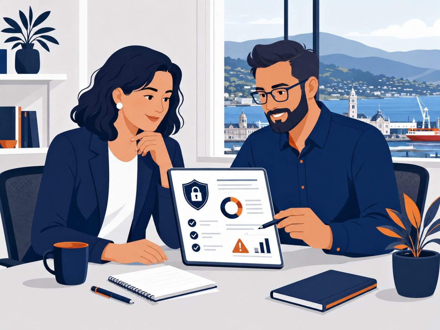 Cyber security assessment Dunedin – flat vector of business owner and local consultant reviewing cyber security report