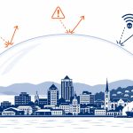 Cyber security Dunedin – flat vector of Dunedin harbour with protective security shield dome deflecting cyber threats