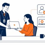 Employee IT onboarding: flat vector of new staff member receiving a configured laptop from IT on day one.