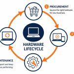 Hardware lifecycle planning NZ -- flat vector wheel showing procurement deployment maintenance and refresh stages