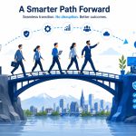 How to switch IT providers NZ - flat vector of smooth business transition bridge from old to new managed IT provider