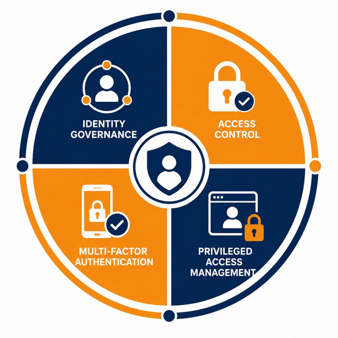 IAM components NZ – flat vector wheel showing identity governance access control MFA and privileged access management