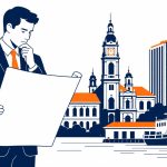 IT consulting Dunedin – flat vector of IT consultant with technology roadmap in Dunedin business district setting