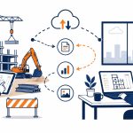 IT for construction: flat vector of a construction site and office connected by data, worker on a tablet on site.