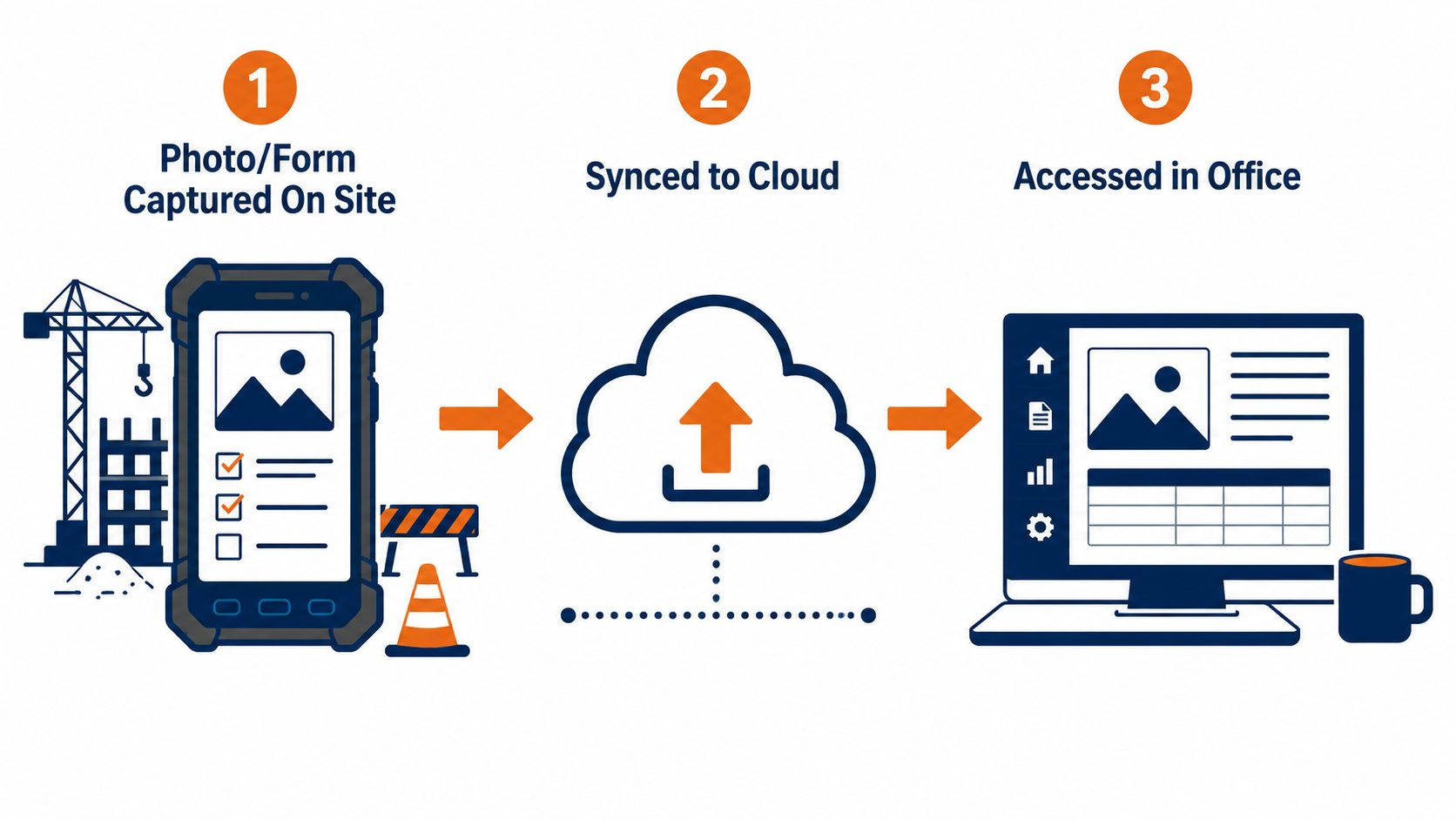IT for construction data flow: flat vector showing site capture synced to cloud and accessed in the office.