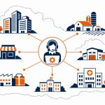 IT support services NZ – flat vector of NZ business landscape connected to central IT support hub representing national coverage