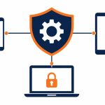 Mobile device management: flat vector of central control protecting phones, tablets, and laptops with locks.