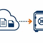 Office 365 backup: flat vector of a Microsoft 365 cloud with data copied to a separate protected backup vault.