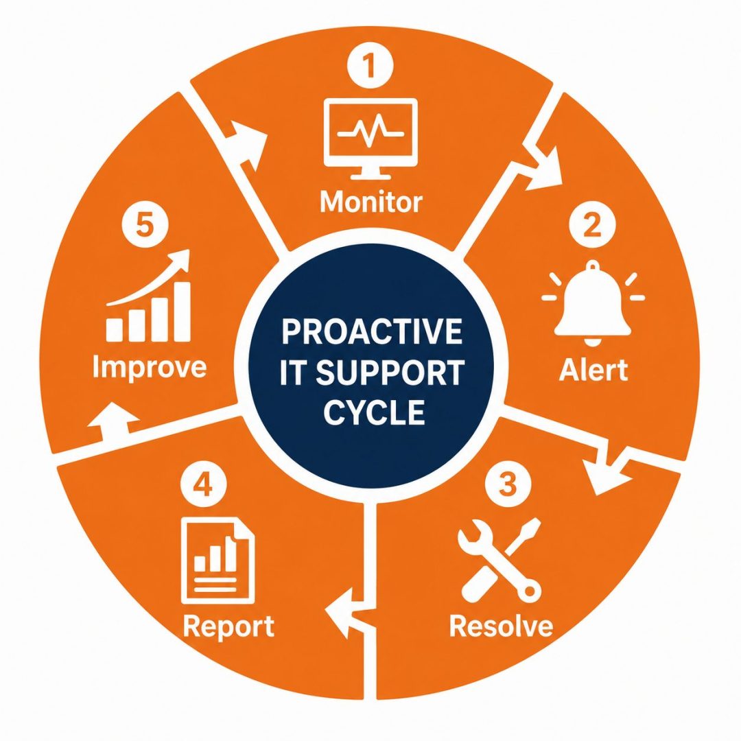 Proactive IT support cycle -- flat vector wheel showing monitor alert resolve report and improve stages