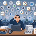SaaS management NZ -- flat vector of office with approved and unapproved cloud apps representing software sprawl