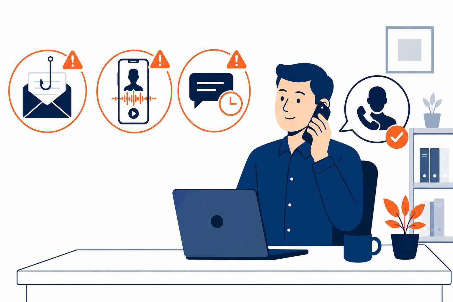 AI-powered threats and verification -- flat vector showing phishing, deepfake, and urgency attacks countered by staff verification