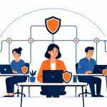 Security awareness training -- flat vector of a NZ business team forming a human firewall against cyber threats