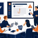 Security awareness training NZ -- flat vector of NZ business team engaged in cyber security training with phishing simulation