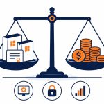 Software licensing: flat vector of a balance scale weighing software licences against cost.