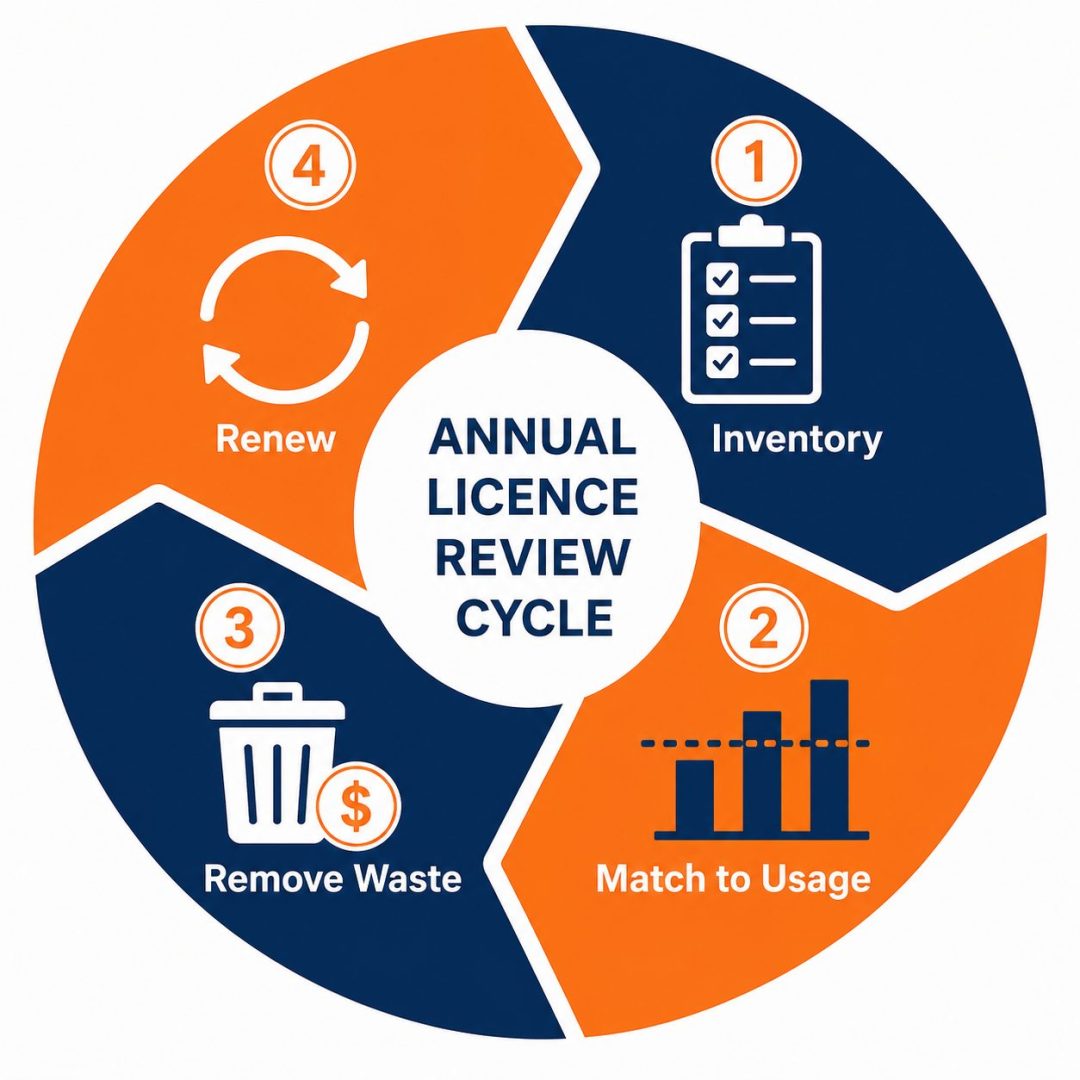 Software licensing review cycle: flat vector wheel showing inventory, match, remove waste, and renew steps.