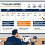 Technology roadmap planning -- flat vector of three-year IT investment roadmap with milestones and budget bands
