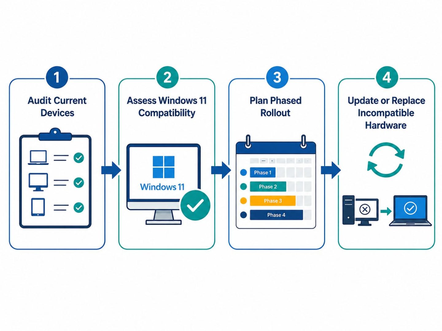 Windows 10 upgrade pathway NZ -- flat vector four-step diagram for NZ business Windows 11 migration
